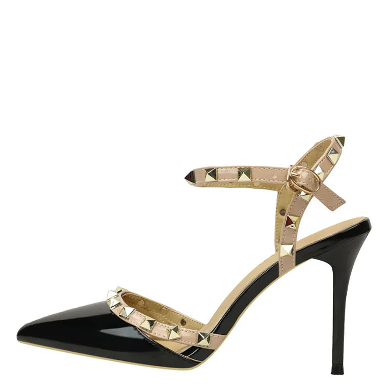Slotted Tape WithPatent Leather Pointed Rivethigh Heels