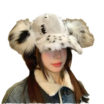 Y2K Women's Sporty Winter Baseball Cap Distressed Denim Dog Ear