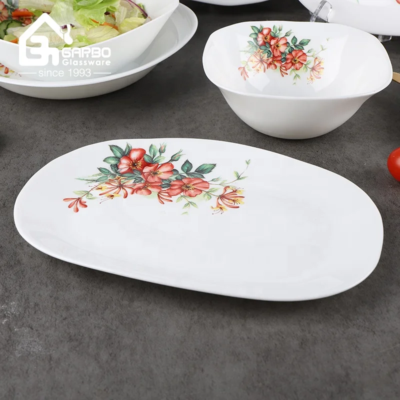 ETRAK GLASS LINE GLASS OVAL PLATE2枚セット Eco-friendly Opal Glass Dinnerware - Durable & Stylish