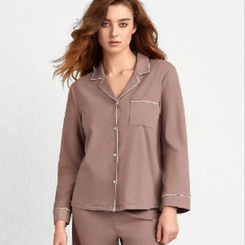 Wholesale Women's Cotton Spandex Pajamas Set Custom Logo Winter Loungewear Sleepwear Solid Elastic Waist Breathable for Summer