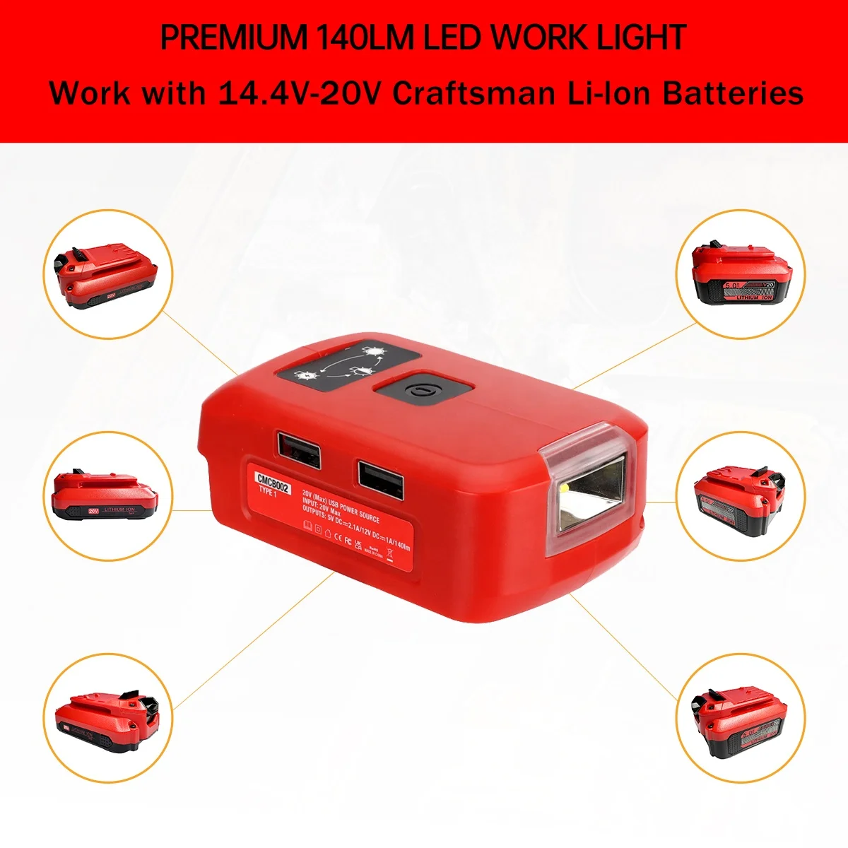 Newest Li-ion Battery Converter USB Power Source Adapter With LED Lights 12V DC Port Charger for Craftsman 20V Battery V20