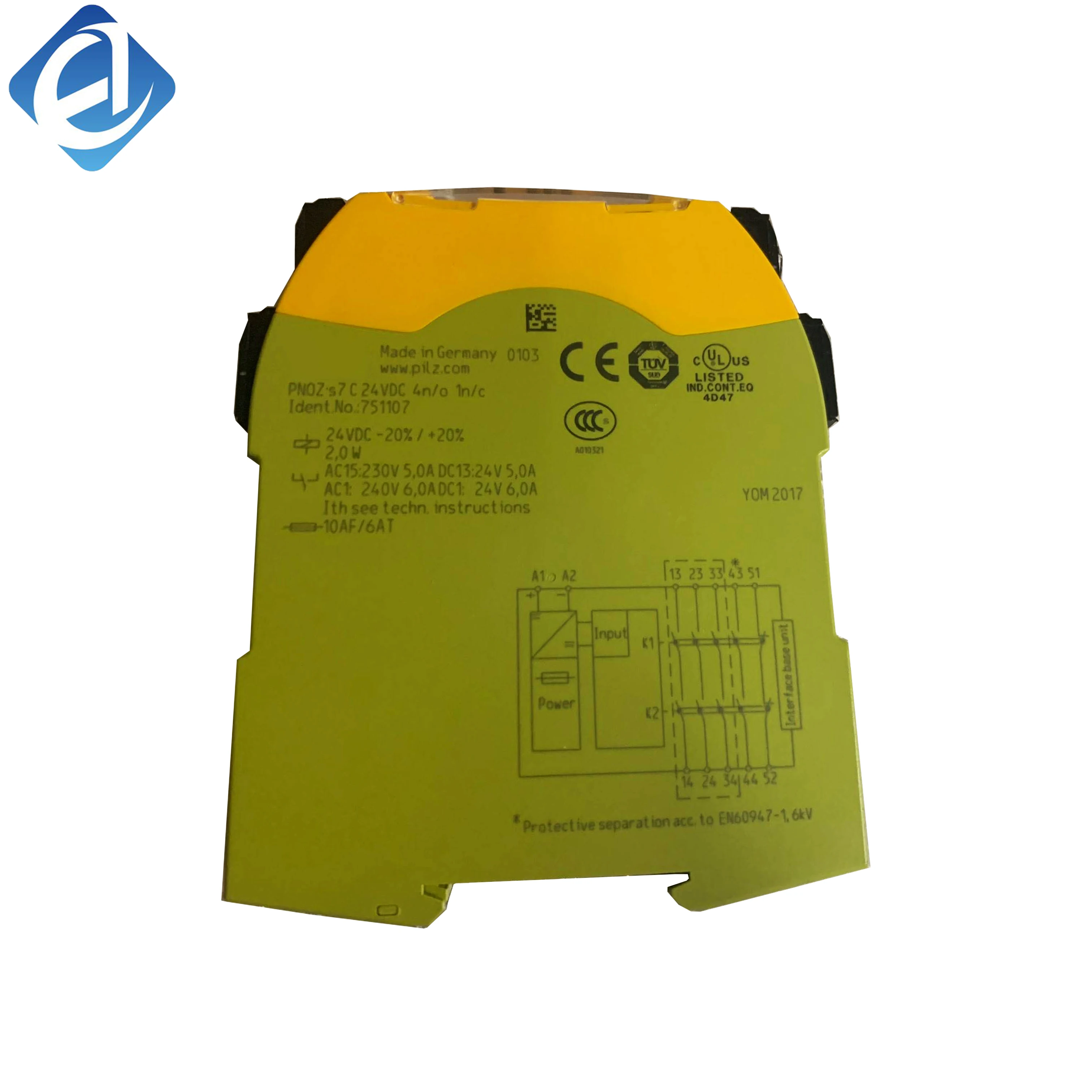 New Original Pilz 751107 Safety Relay, belongs to PNOZsigma series. For industrial machine emergency stop, safety door and light curtain monitoring. 24VDC supply, compact body, easy DIN rail installation, reliable safety contact output, 