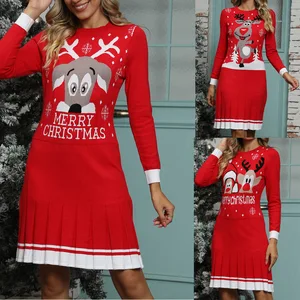 2026 fall winter new casual elk round neck knitted midi christmas dress sweater dresses