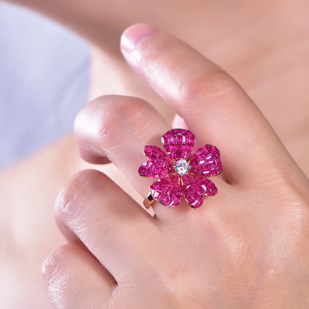 Unique Design Invisible Inlaid Ruby Diamond Crystal Flower Charm Sterling Silver Ring