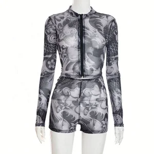 Dropshipping 2026 Popular Fall New Design Mesh Printed Tracksuit Two Piece Women's Shorts Set