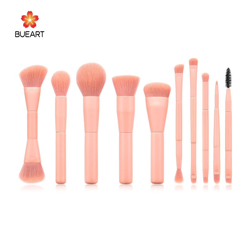 BUEART 2019 high quality 10 pcs wood long handle full pink makeup brushes private label custom makeu