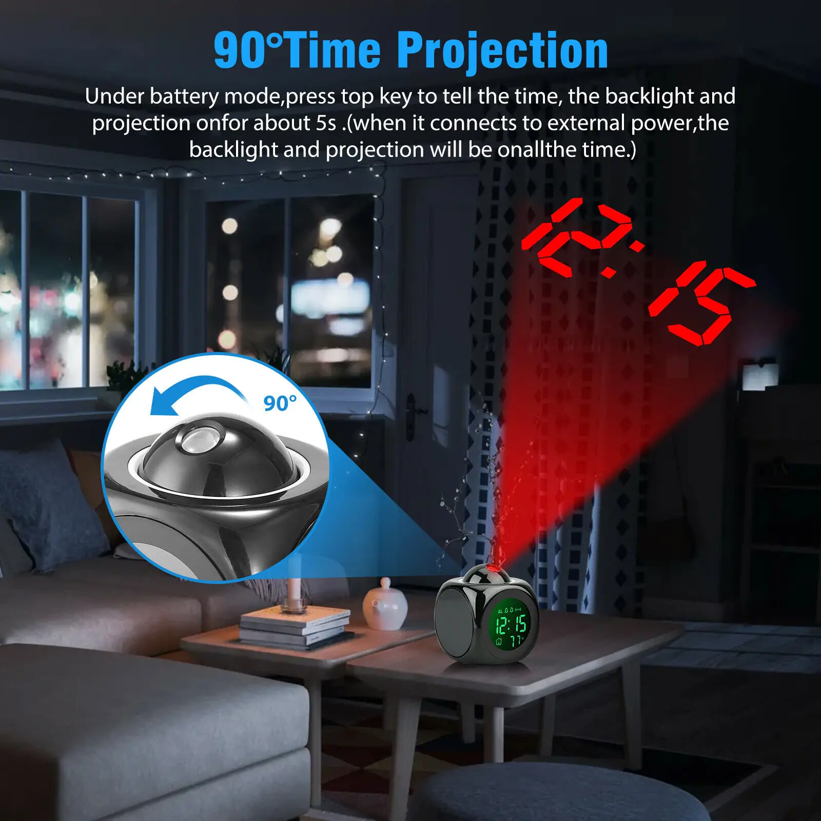 LCD Luminous Projection Desk Clock Voice Broadcast Time Digital Alarm Clock With Temperature Display Hourly Chiming Function