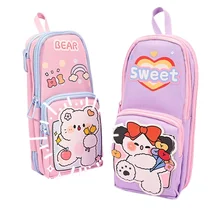 Large Capacity Cute Cartoon Backpack Pencil Pouch Creative Fabric Zipper Case Stylish Student School Pen Bag