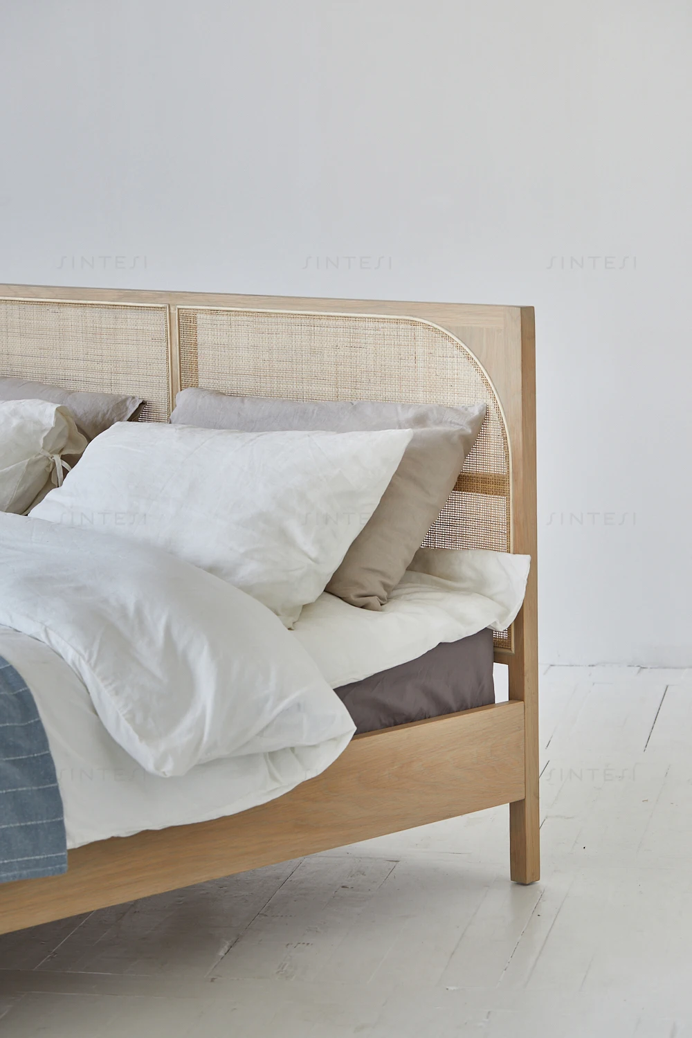 Natural Furniture Japandi Bedroom Oak Rattan Bed Sets