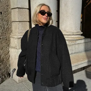 Women's Autumn Winter Double-Layer Collar Beaded Fleece Thickness Jacket Kangaroo Pocket Elegant Casual Zipper Closure Half