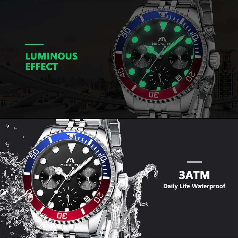 MEGALITH 8239 Business Stainless Steel Watch Calendar Luxury Design 3ATM Waterproof