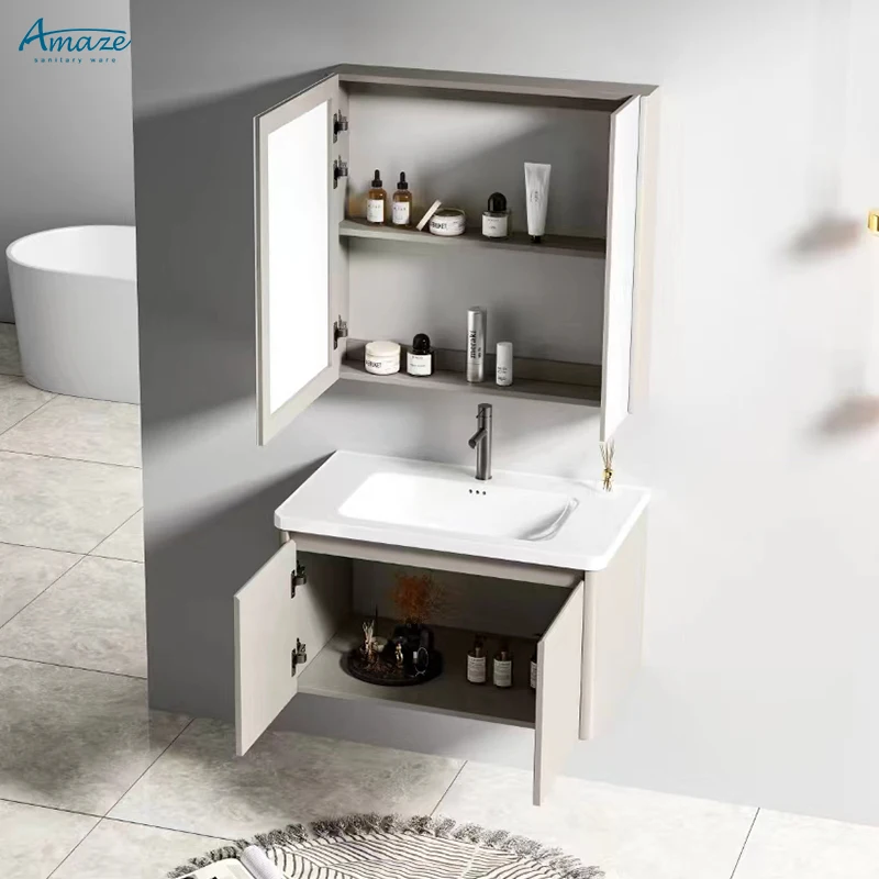 Modern style stainless steel wall-mounted vanity wash basin bathroom cabinet with mirror supplier