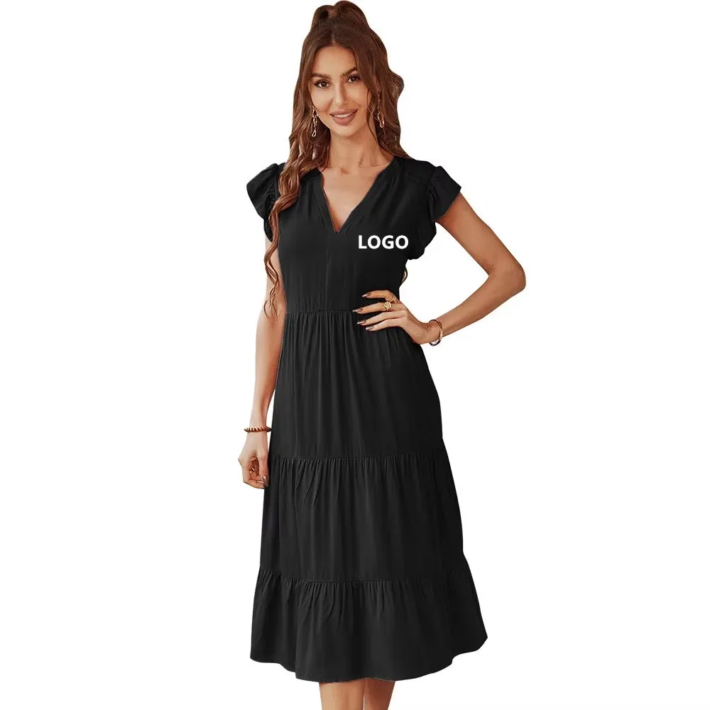 Wholesale Solid Chiffon Dress EXY Casual Dress Ummer Women Dress V-Neck Midi Dress Natural Waist Dress,1 Piece Wholesale Solid Chiffon Dress EXY Casual Dress Ummer Women Dress V-Neck Midi Dress Natural Waist Dress,1 Piece