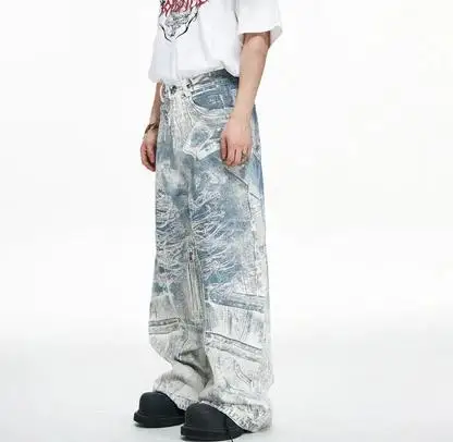 Salati Custom Denim Stone Washed Heavy Jeans Men Multi Pocket Baggy Distress Vintage Stacked Acid Wash Flare Cargo Denim Pants gallery 2