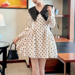 ZYHT 65493 Elegant White Polka Dot Mini Dress with Black Rhinestone Collar Dress Bow Long Puff Sleeves & Flared Girls Dresses