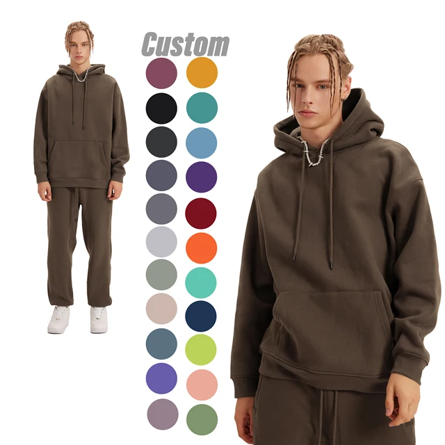Unisex 2-Piece Sweatpants Hoodie Set High Quality Polyester Cotton Fleece Solid Color Custom Logo Printed Men's Tracksuit