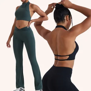 Plus Size Crop Yoga Set Halter Bra Matching Gym Fitness Clothing High Waist Two Pieces Sports Flare Leggings Set
