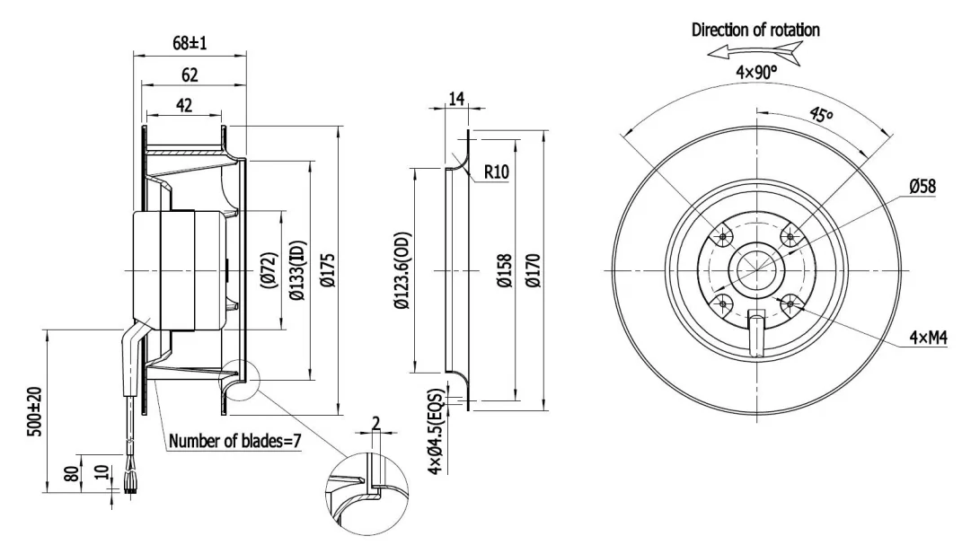 175mm 24V DC Backward Curved Centrifugal Cooling Fan with EC Motor