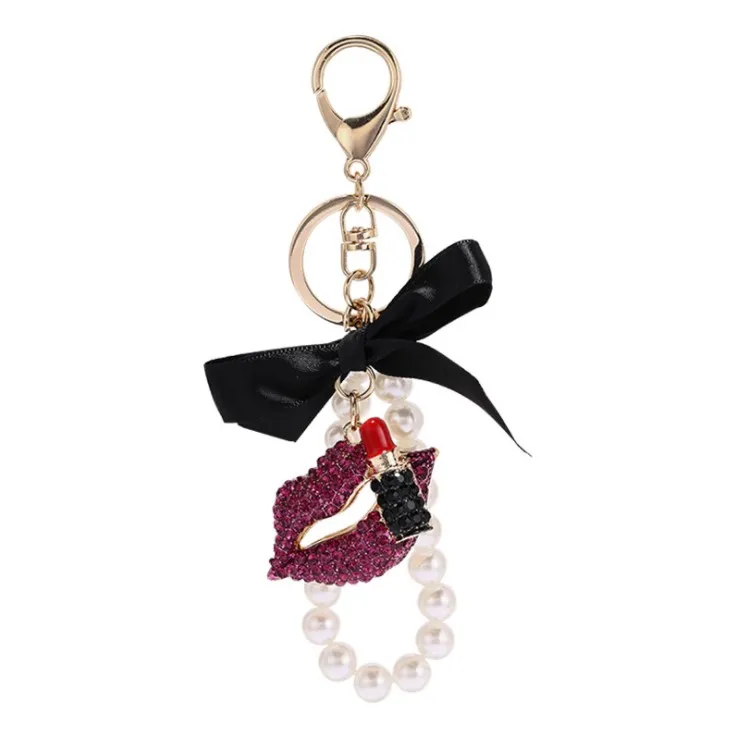 Wholesale Women Pearl Flower Charm Key Chain Strap Lipstick Bottle