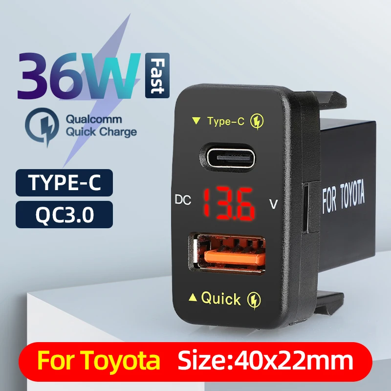 Toyota Rav4 Fast Charger Adapter Type C Usb Port 12V Usb Socket for Toyota 2018 With Voltmeter Display