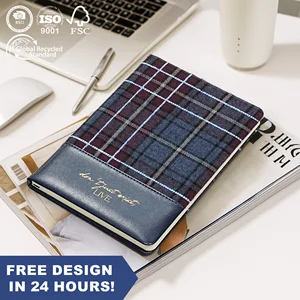 Student Daily Use Free Sample A5 Plaid Fabric Premium Leather Hardcover Custom Logo Durable Cover Light Weight Writing Notebook