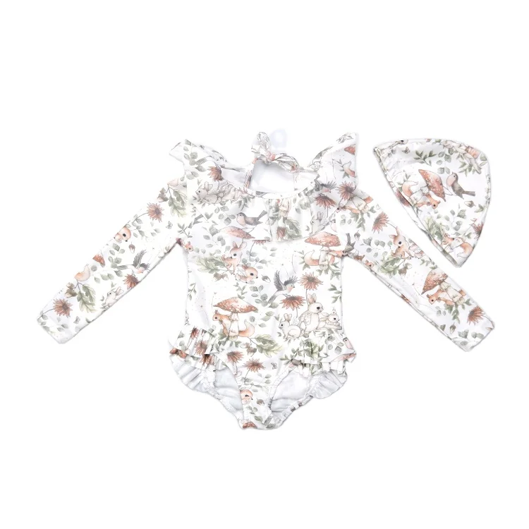 Functional neck ties low back ruffles upf 50 sun protection custom floral sublimation kids modest swimwear for kids girl