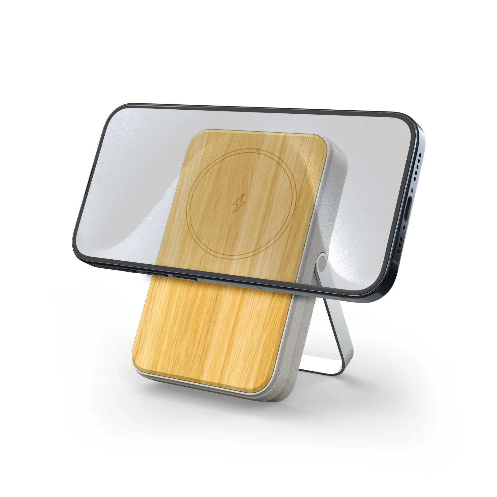 Electronics Fast Charge Powerbank 22.5W Wireless Wheat and Bamboo Magnetic Power Bank 10000mAh with Foldable Holder for Phone
