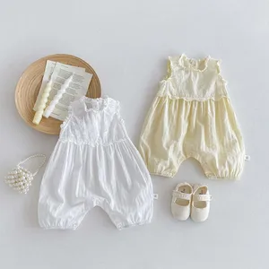 Summer Sleeveless Vest Jumpsuit 100% Cotton Ruffle Collar Button Closure Casual Baby Romper