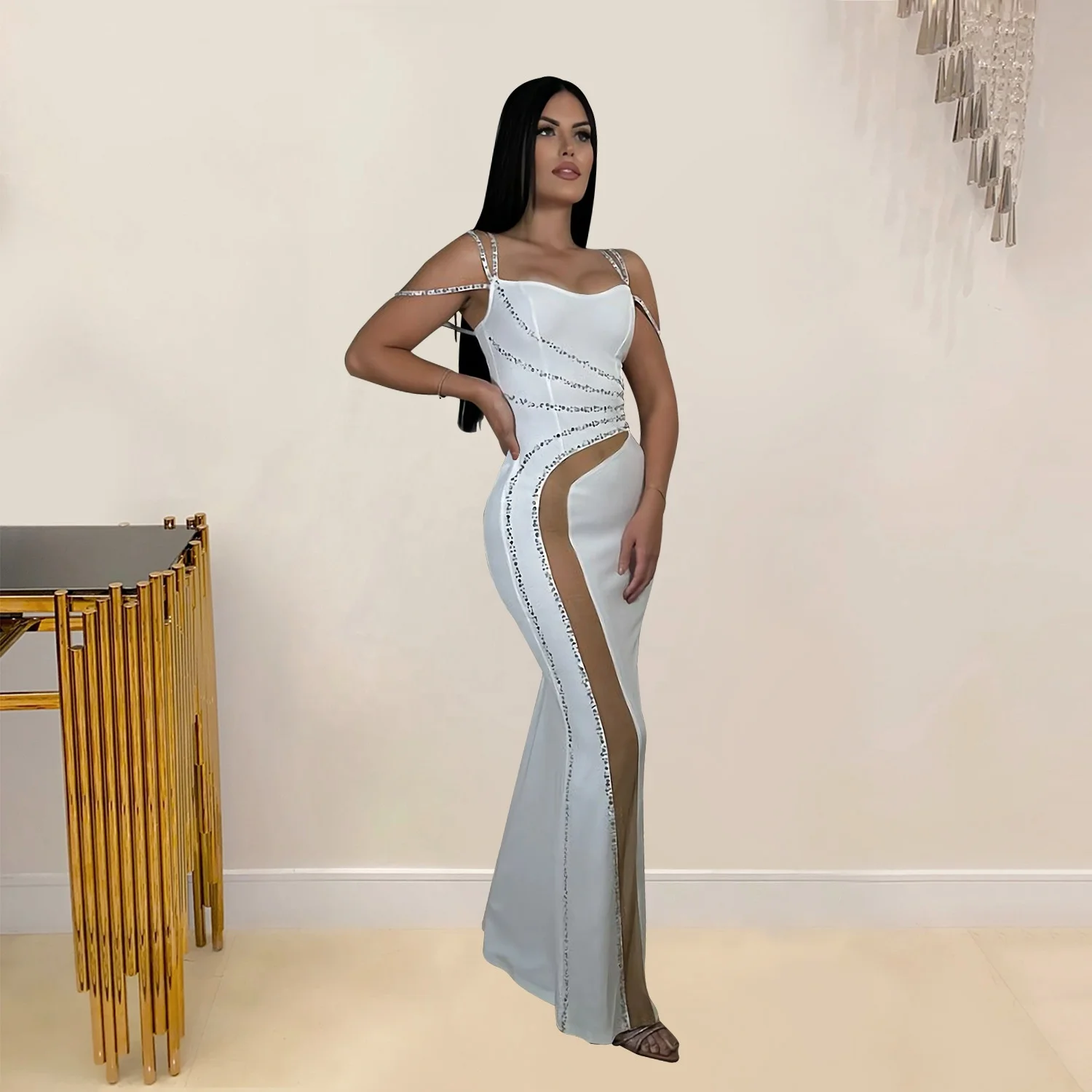 Lady Rhinestone Prom Dress Sexy Women Halter Bodycon Shiny Diamond Club  Party Patchwork Mesh Sheer Birthday Celebrity Dress - Main Image