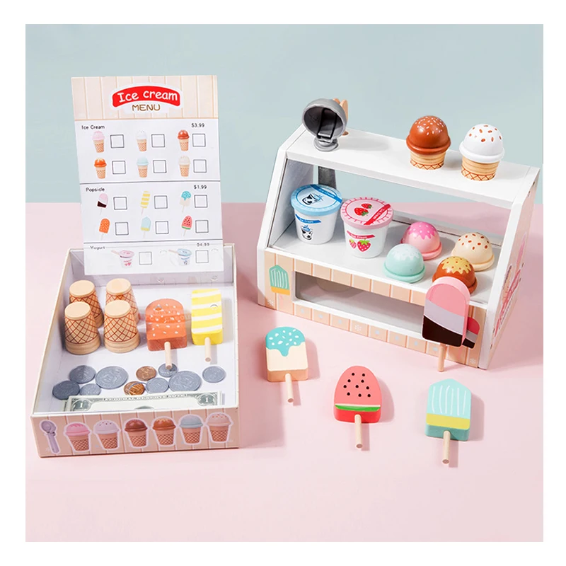 Custom Wooden Toy Kids Ice Cream Cart Kids Pretend Play Set Shop Kitchen Wooden Toy Set