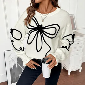 A 2025 New Autumn and Winter Cross-border Playful and Sweet Style Loose Bow Decorated Round-neck Sweater for Women