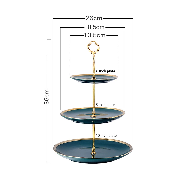 Елегантен 2-етажен твърд цвят керамичен стенд за тортата и талък Златен емайлиран посуда в коробка