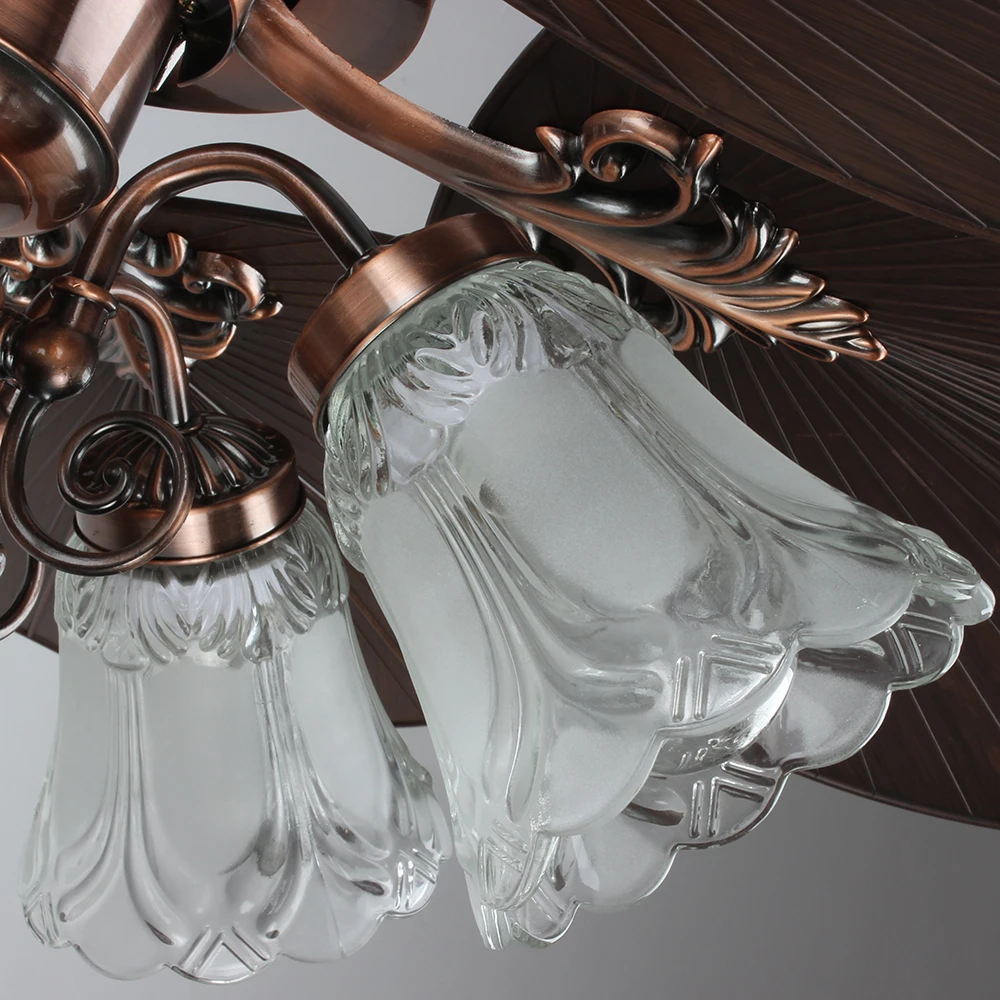 Red Ancient Style LED Ceiling Fan with 5 Wood Blades Remote Control Iron/Stainless Steel Base
