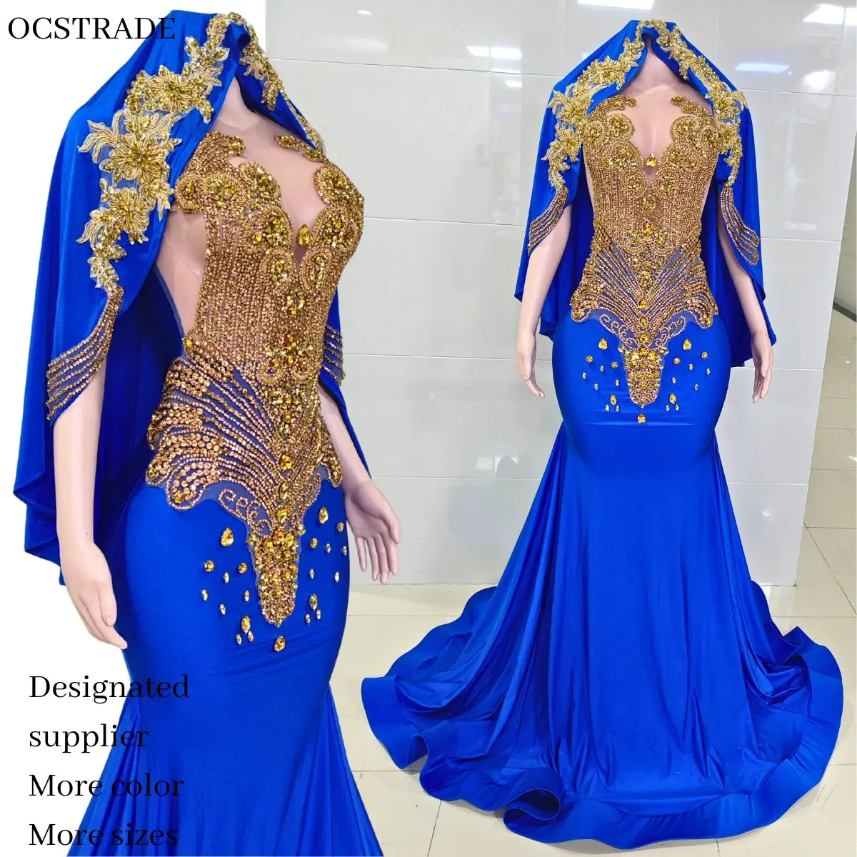 Ocstrade Royal Blue Heavy Gold Beaded Mermaid Evening Gown with Cape Custom Handmade Formal Prom Dress for Pageant Wedding Party| Alibaba.com Ocstrade Royal Blue Heavy Gold Beaded Mermaid Evening Gown with Cape Custom Handmade Formal Prom Dress for Pageant Wedding Party| Alibaba.com