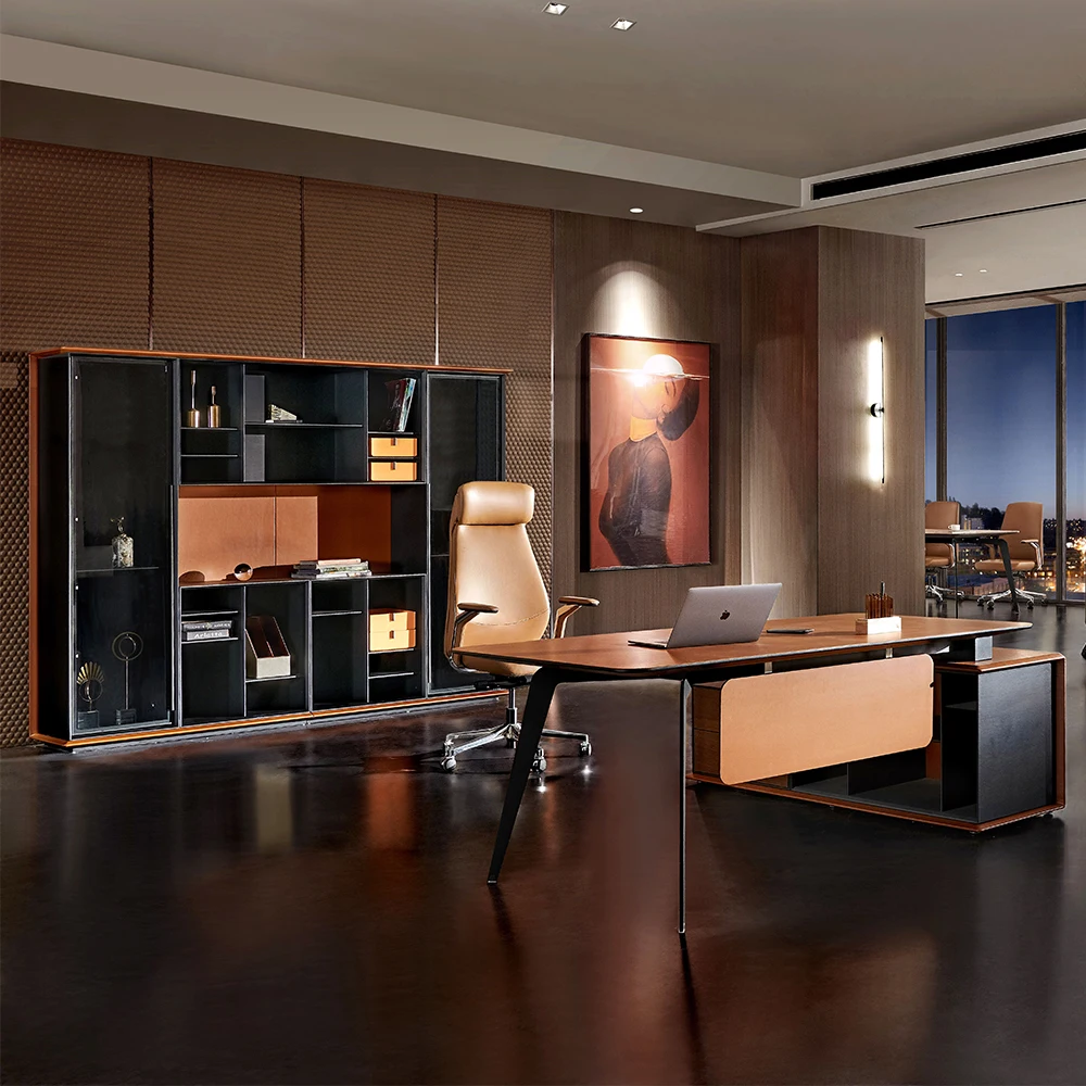 Saddle Leather Office Boss Table with Smart Fingerprint Lock L Shaped Office Desk MDF Office Furniture Executive Working Desk