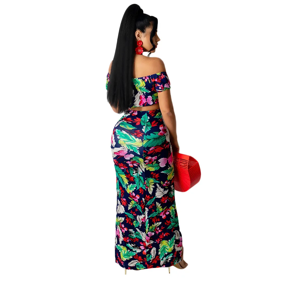 Latest Two Piece Multicolor Skirt Set Floral Crop Top and Skirt Two Piece Set Short Sleeve Maxi Skirt Elegant Casual Dresses