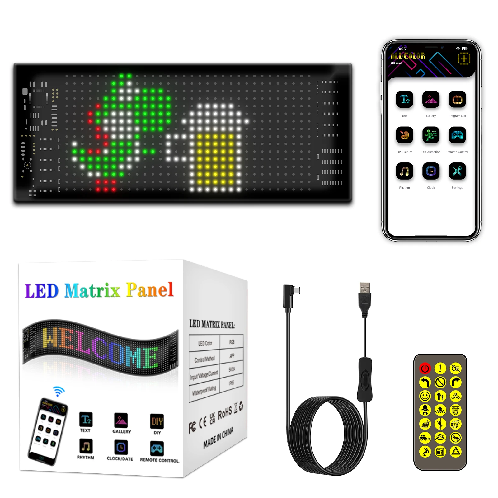 Programmable LED Sign Flexible USB 5V Bluetooth APP Control Custom Text Pattern Scrolling LED Display for Car Store Party