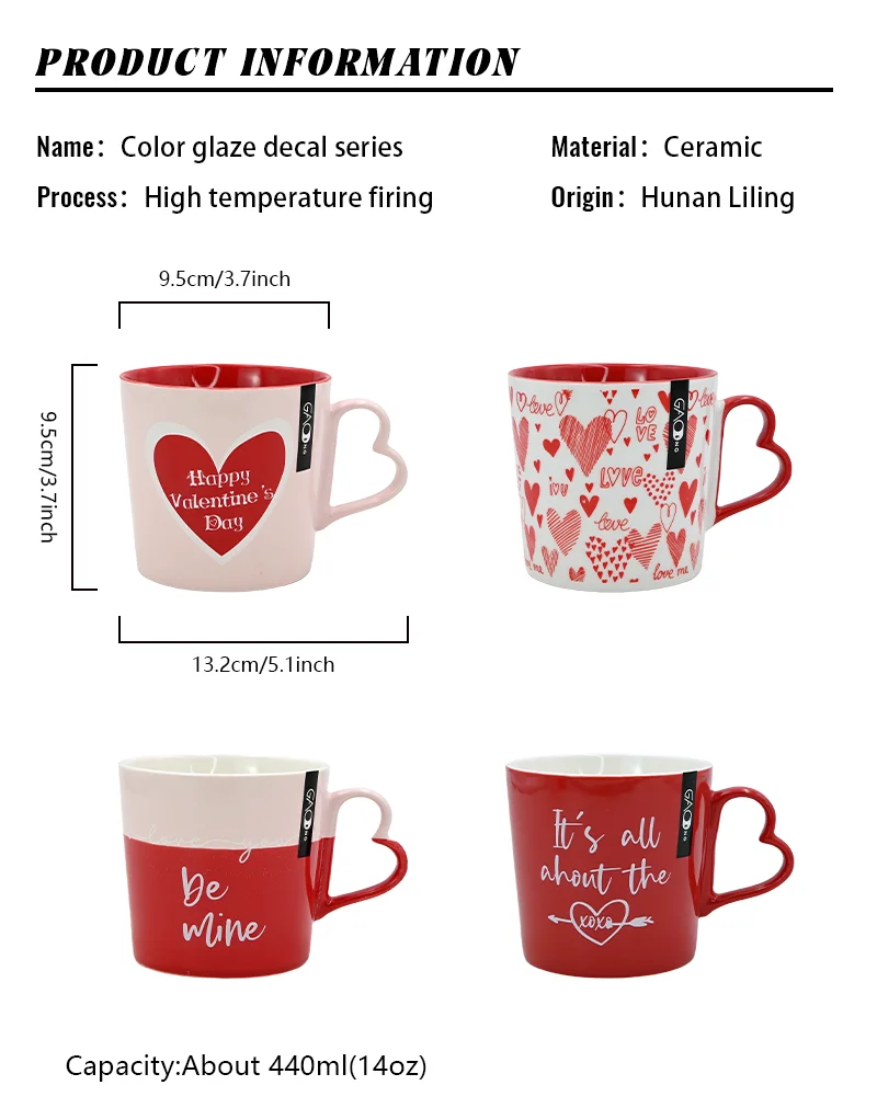 Wholesale New Valentine's Day Gift Mug Red Color Ceramic Cup With Heart Shaped Handle Couple Ceramic Mug