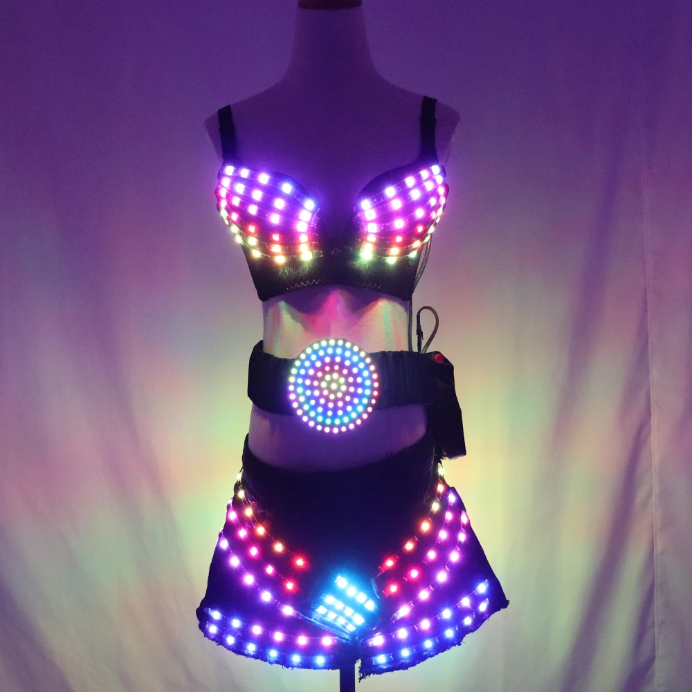 Full-Color LED Luminous Light Party Skirt Sexy Girl LED Light Costumes Ballroom Dance Outfit for Adults Unisex DJ DS Bra Suit