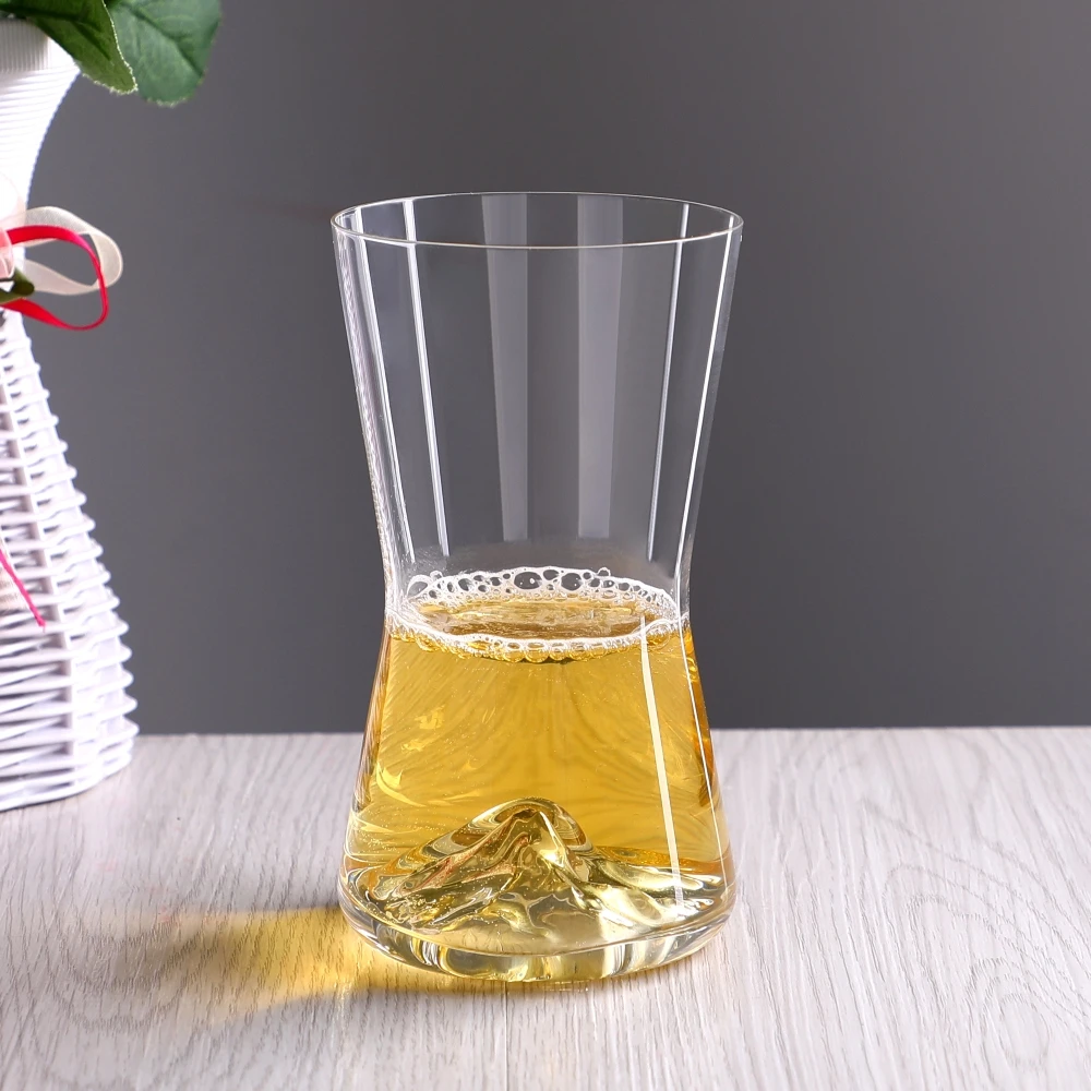 OEM ODM Custom Hand Blown Lead Free Crystal Borosilicate Glass Volcano Style Whiskey Rocks Glass with 3D Mountain Base