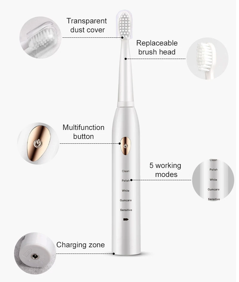 LULA Electric Toothbrush Rechargeable IPX7 Waterproof With 4 Brush Heads and Travel Box for Adult