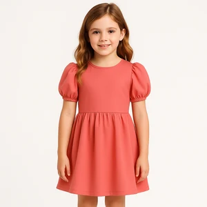 Girls Summer Puff Sleeve Cotton Dress Solid Color A-Line Kids Casual Dress Boutique Clothing Wholesale OEM ODM Custom