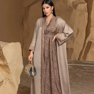 Khaki Two Piece Flowing Long Sleeve Cardigan Robe Women's Dress