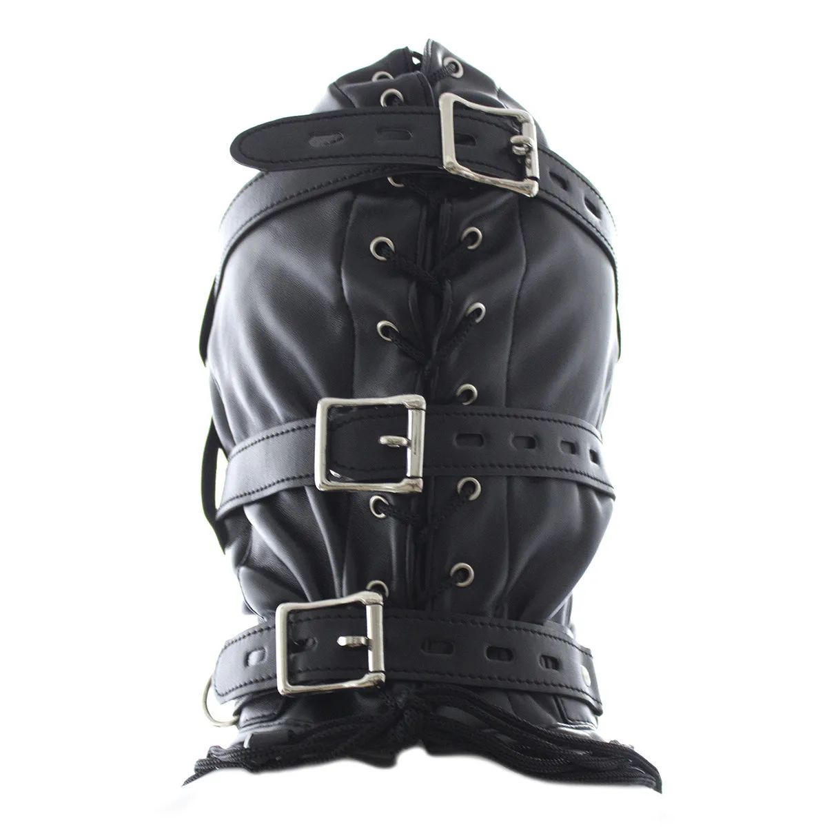 Adjustable Leather Black Bondage Hood BDSM Head Cage with Dildo Mouth Gag for Slave Play
