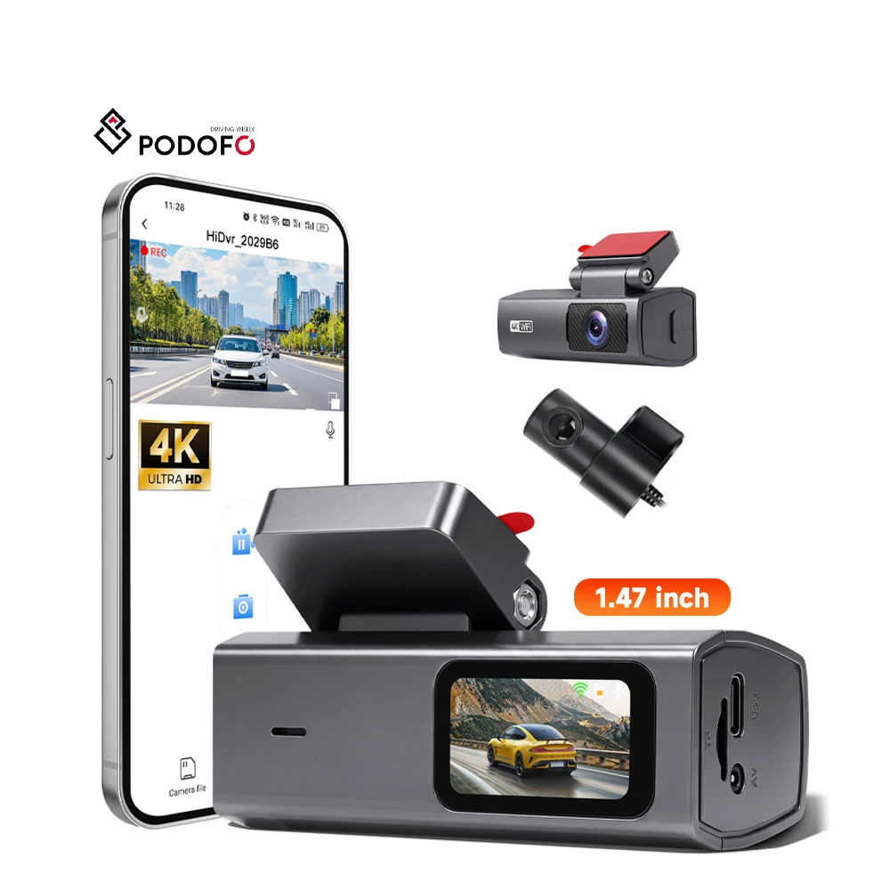 Podofo 1.47'' Dual Lens Dash Cam 4K Front/1080P Rear Camera Touchscreen Car Mirror DVR WIFI&APP G-sensor Support TF Card 256GB L7027