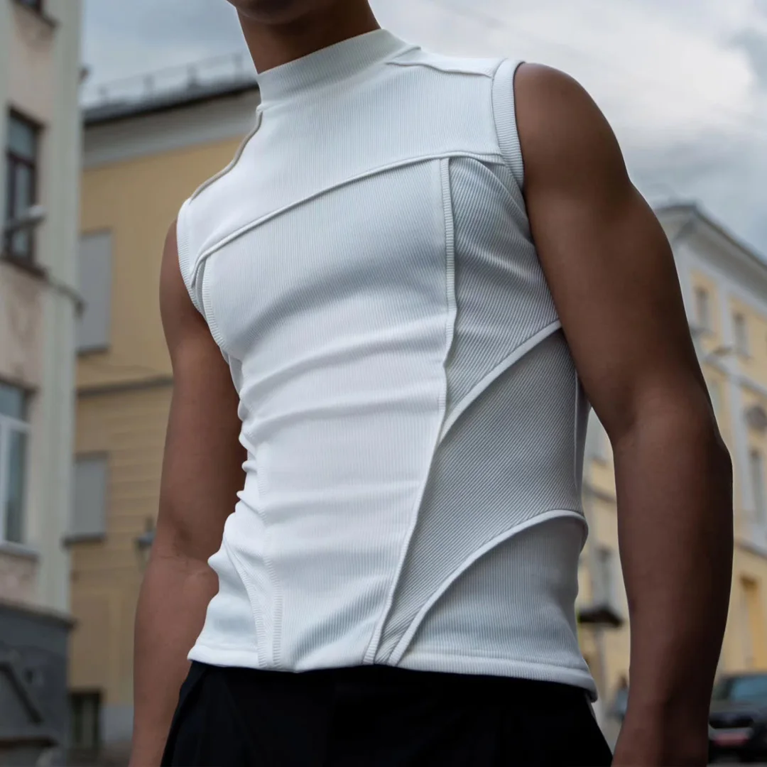 Streetwear vintážní pletené mužské tričko z 100 % bavlny, přizpůsobitelné, s kulatým výstřihem, bezrukávné, panely, standardní střih, tričko pro posilovnu a trénink