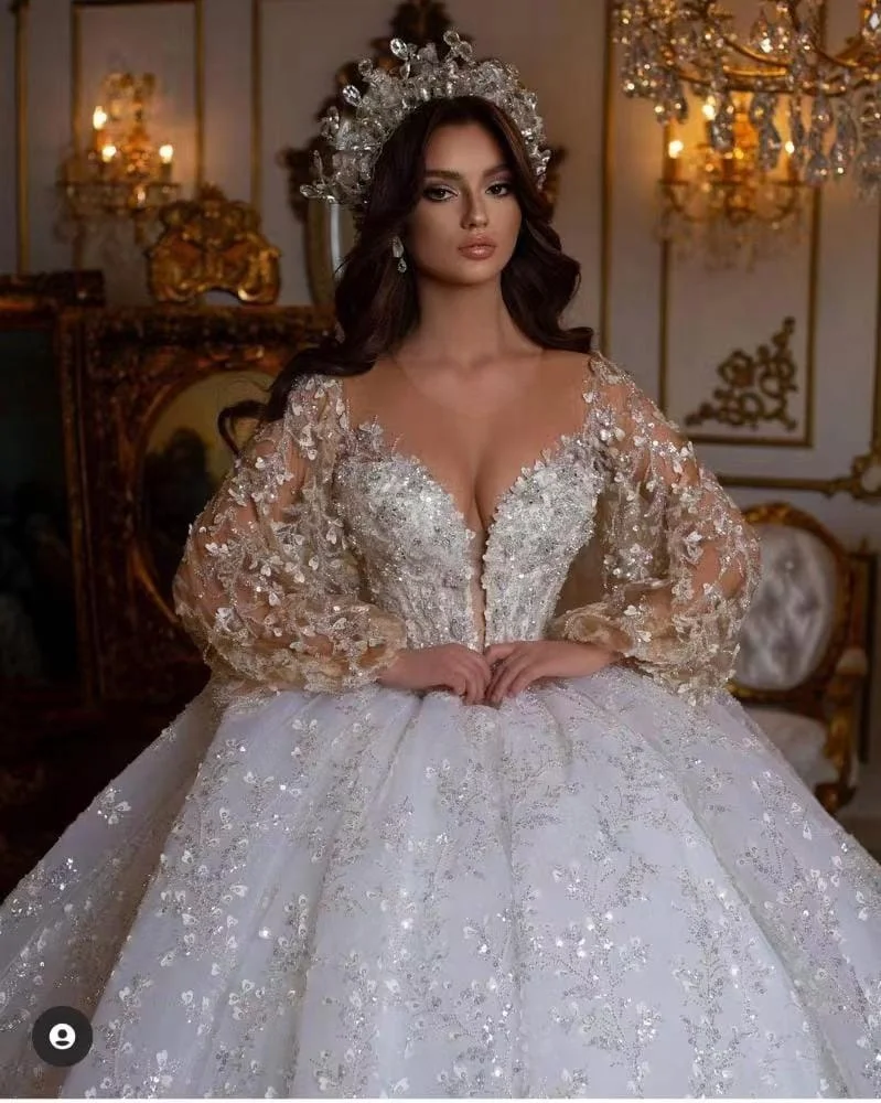 2023 Luxury Long Sleeves Wedding Dress Lace Princess Wedding Gowns Plus  Size Ball Gown Marriage Bride Gown Celebrity Vestidos De