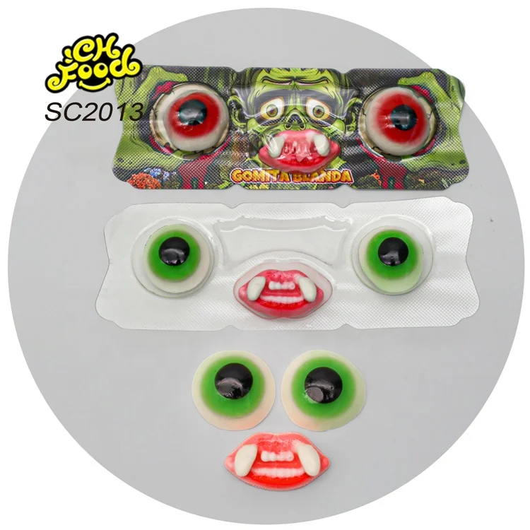 Halal 2in1 Eyes Tooth Shape Halloween and Easter Fruit Flavor Sour Sweet Soft Chewy Gummy Candies Wholesale OEM Factory
