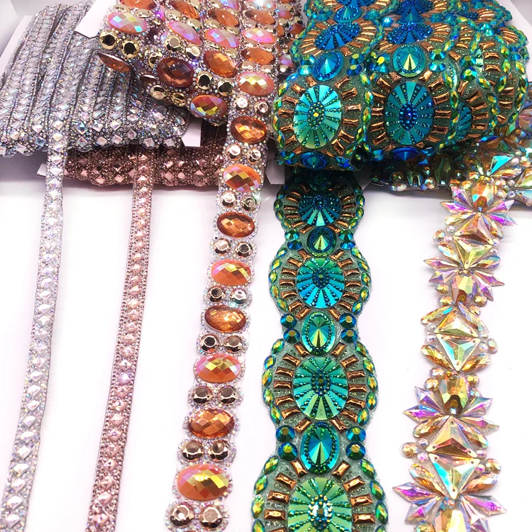 Multicolor Gel-back Iron on Trim Iridescent Hot Fix Rhinestone Trimming Applique for Carnival Kid Costume Design