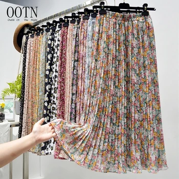 OOTN Casual Midi Skirt Women Clothes 2022 New Vintage Floral Print Chiffon Pleated Skirt Women Summer Skirts